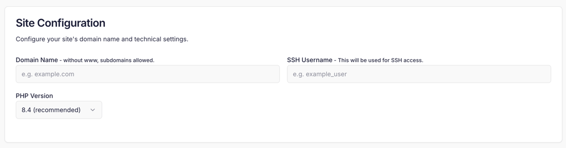 Cito's site configuration step, asking for a domain name, SSH username and PHP version