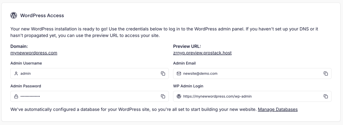 The WordPress access details Cito shows after provisioning, including the domain, preview URL and admin credentials