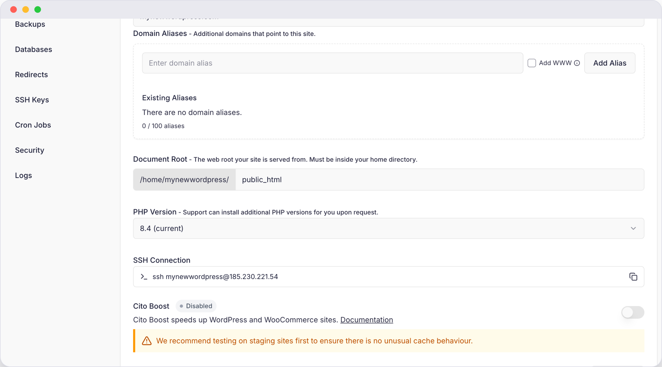 Cito site settings showing PHP version, SSH connection and the Cito Boost caching toggle