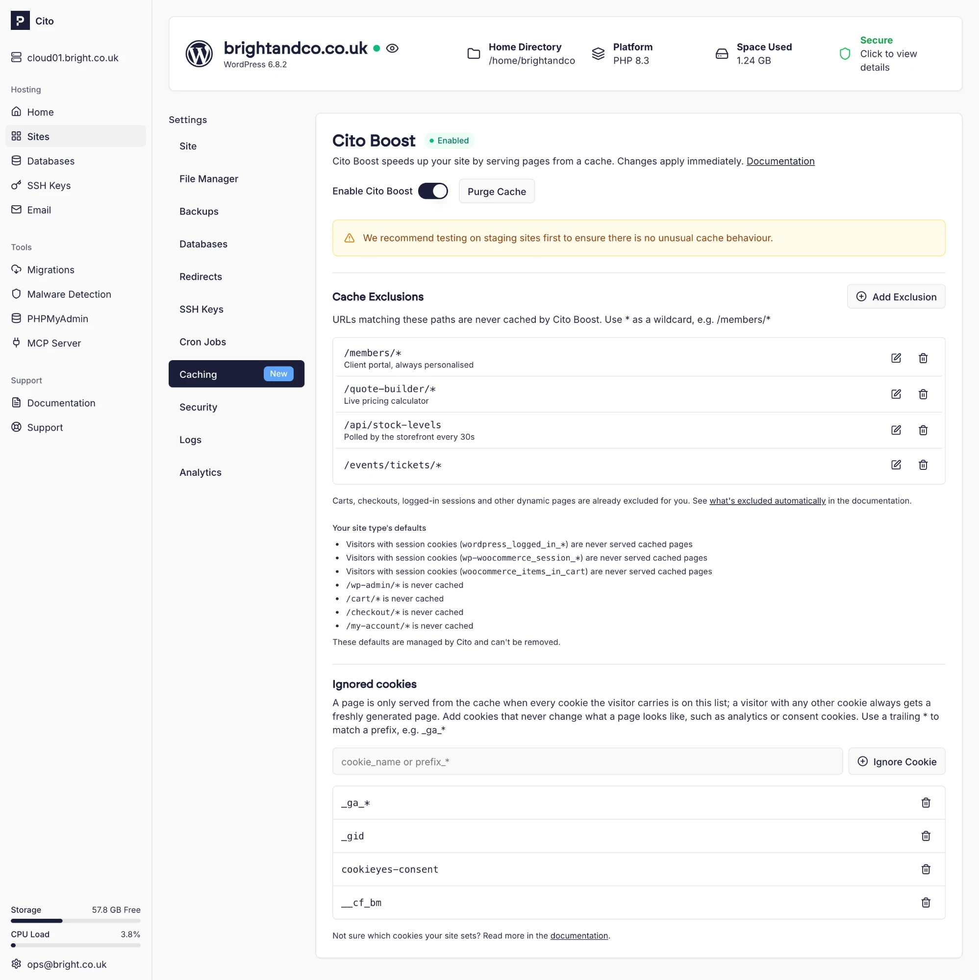 Cito’s Caching page: the Cito Boost toggle and Purge Cache button, a list of custom cache exclusions, the WordPress and WooCommerce defaults, and a list of ignored cookies