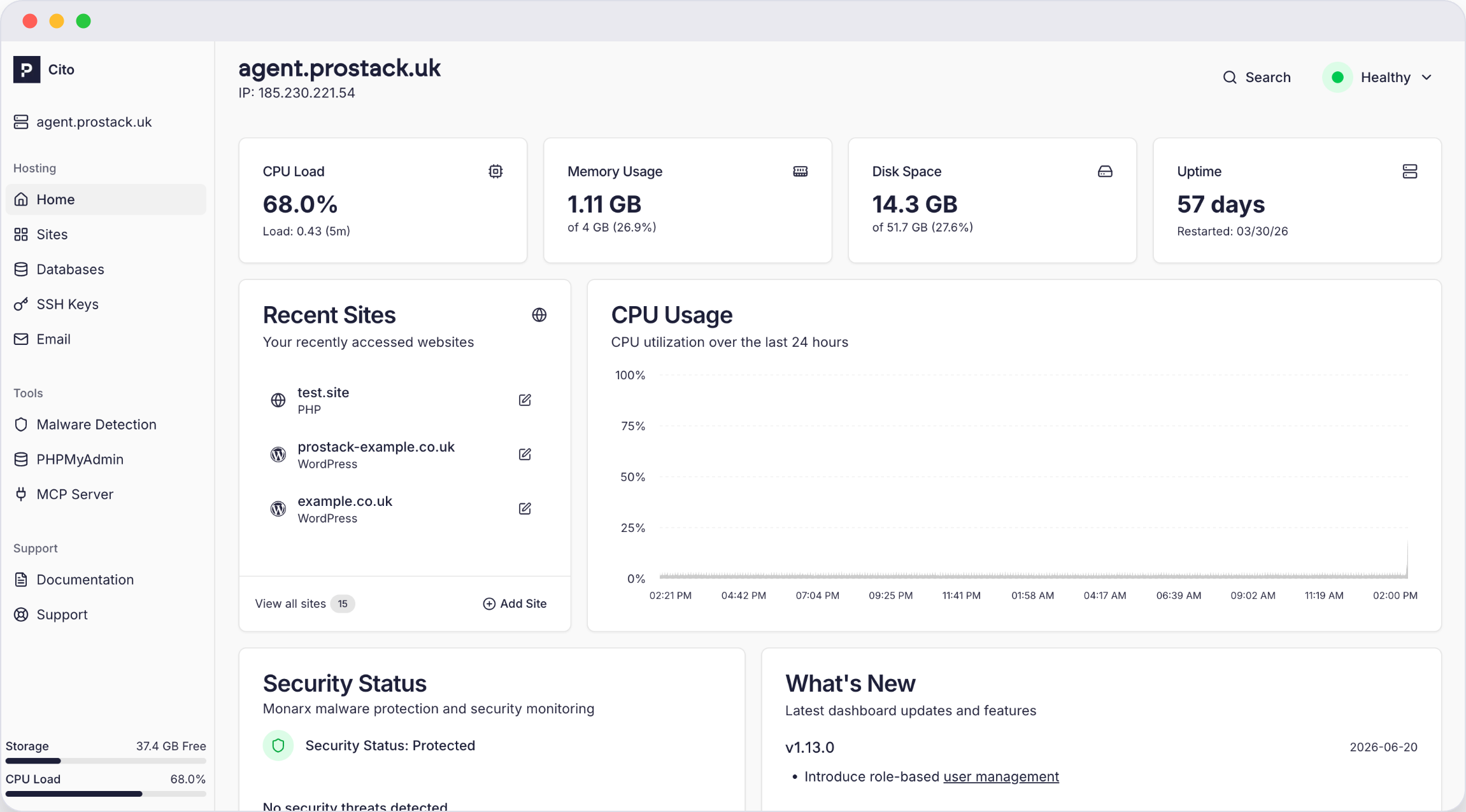 The Cito control panel: server dashboard showing CPU load, memory, disk space, uptime and recent sites