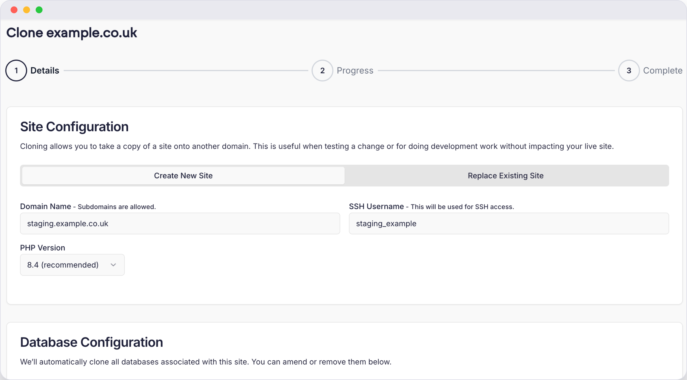 Cito’s clone screen: site configuration, target domain and database options, with a Create New Site button