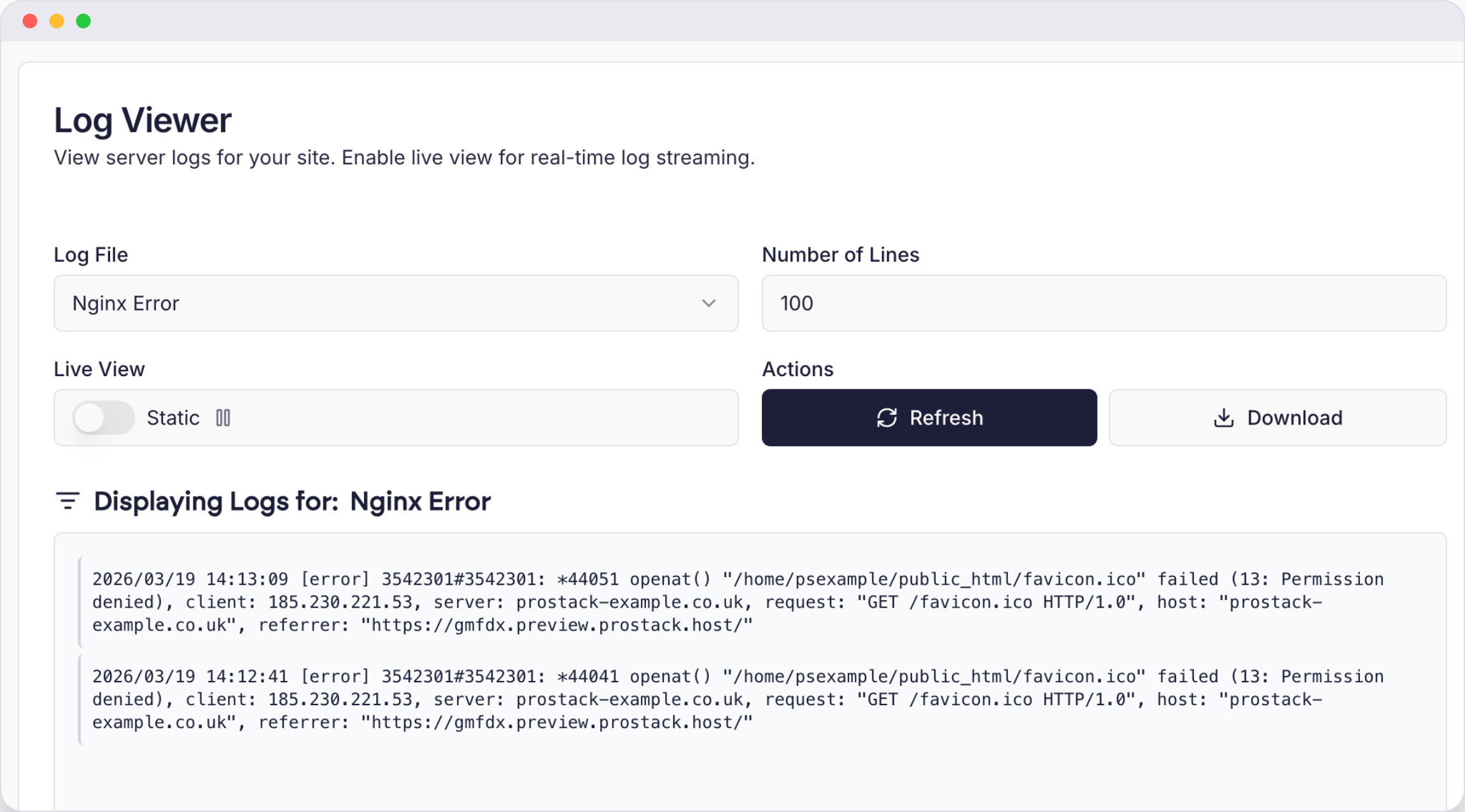 Cito’s log viewer streaming Nginx error log entries in real time