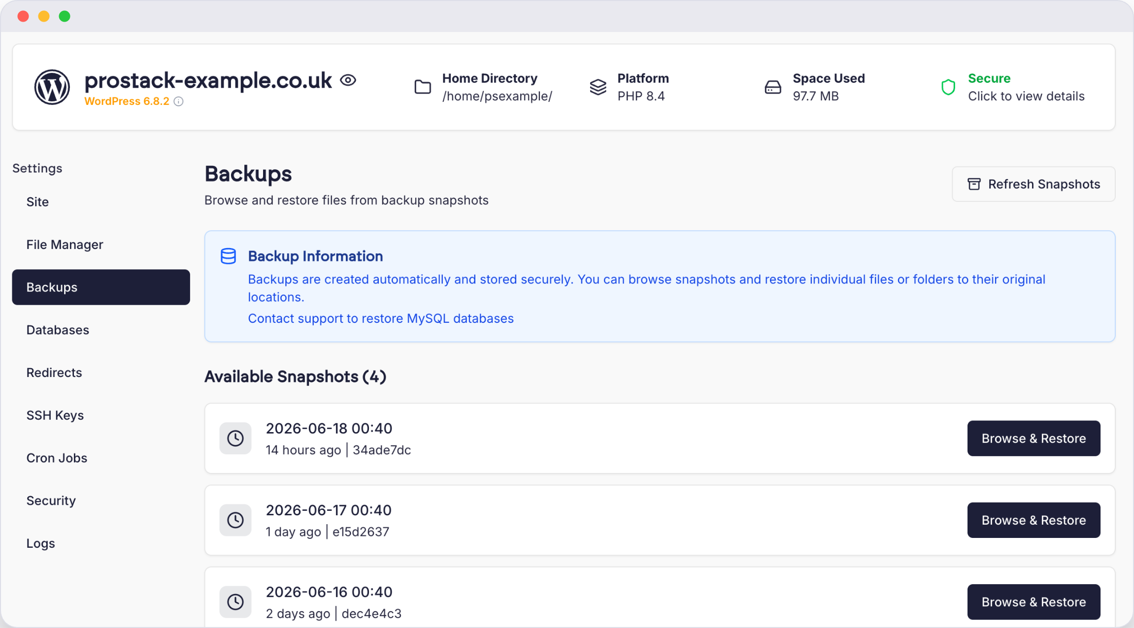 Cito’s backups screen listing daily off-site snapshots with browse and restore actions