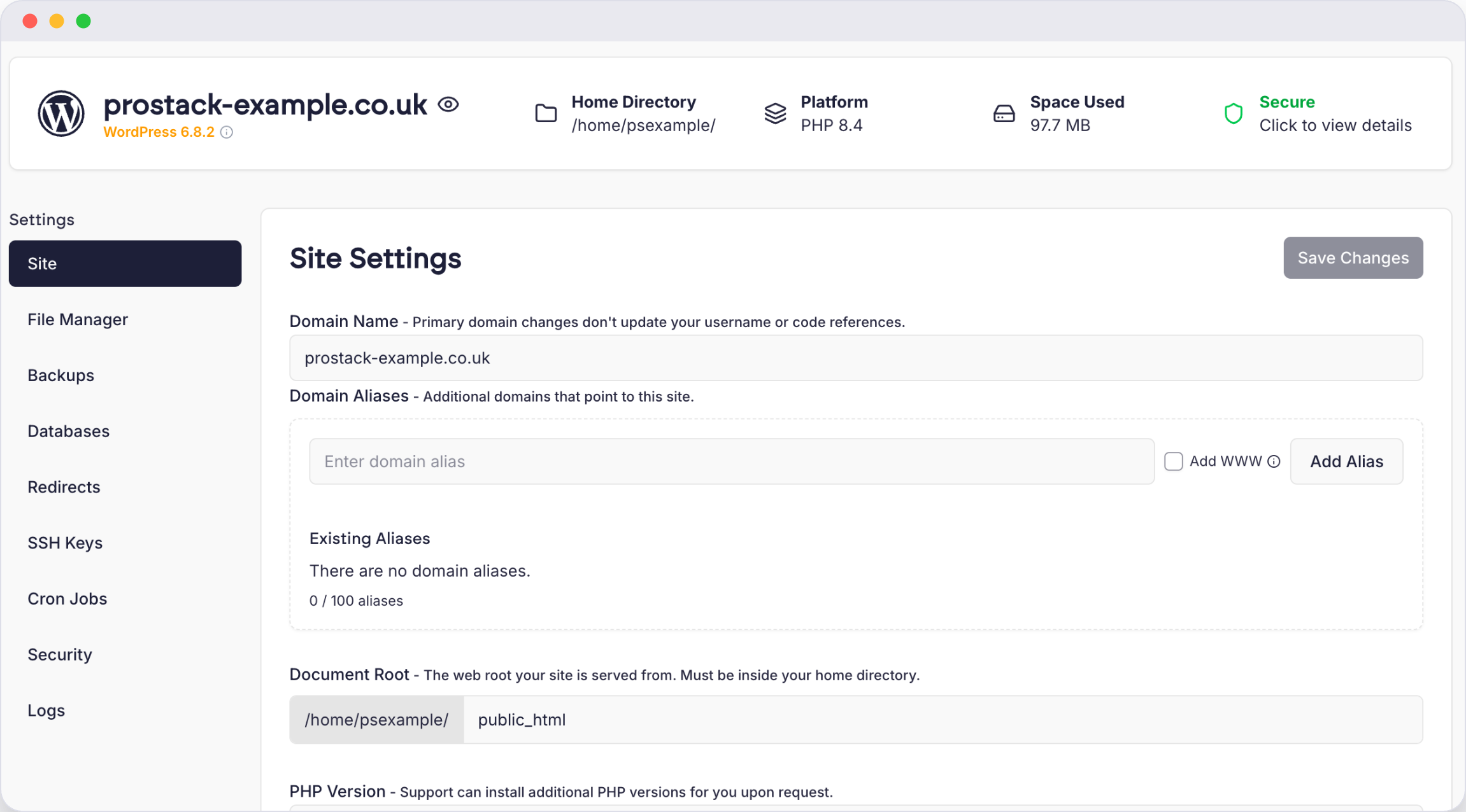 Cito site settings for a WordPress site, with file manager, backups and database tools in the sidebar