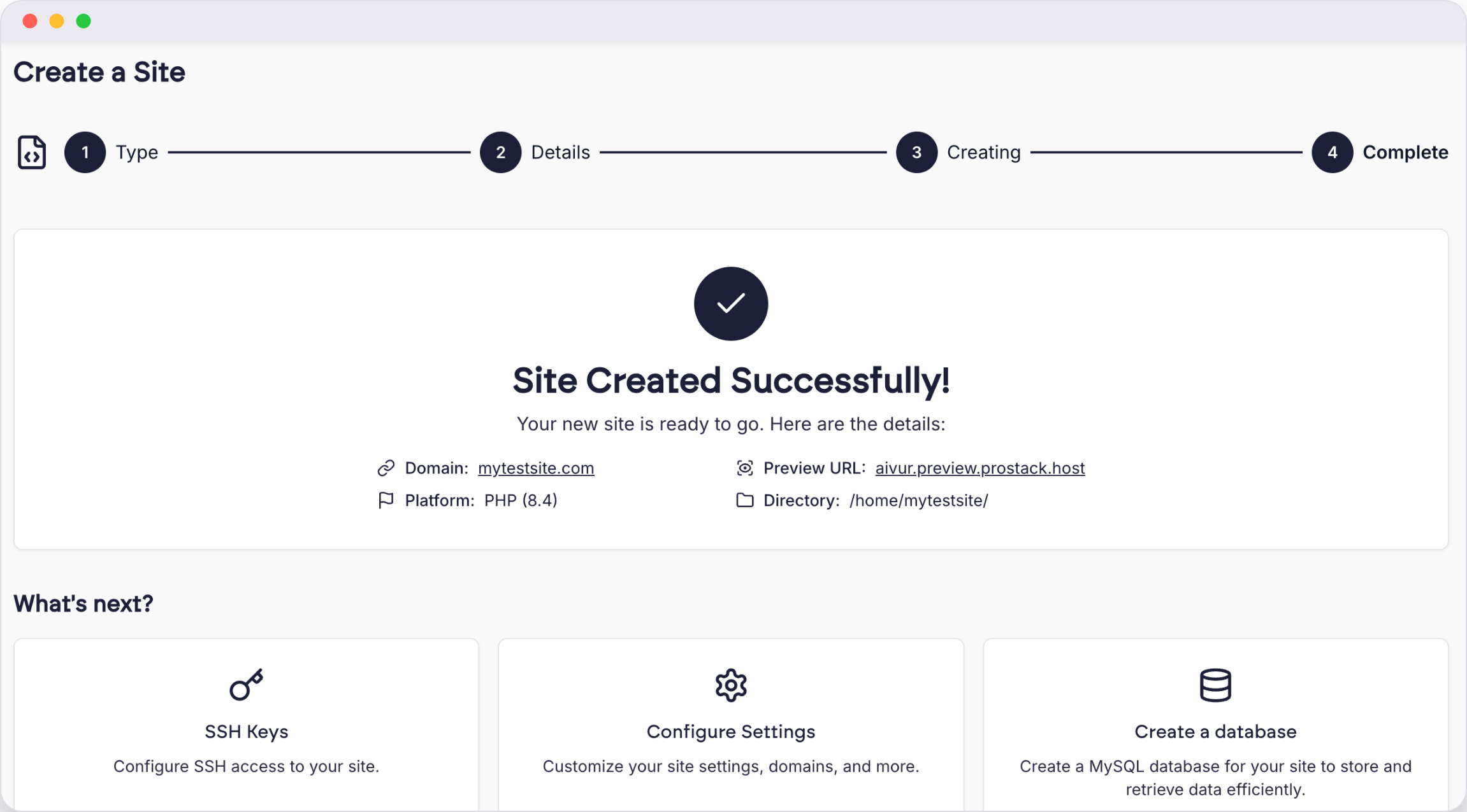 Cito confirming ‘Site Created Successfully’, with the automatically generated preview URL